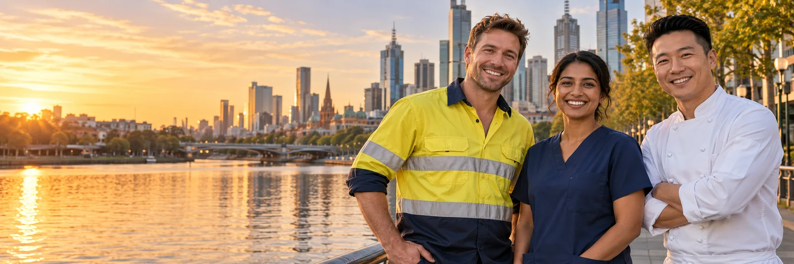 Three skilled workers, a tradesman in a hi-vis shirt, a nurse in navy scrubs and a chef in whites, smiling on Melbourne's Southbank at sunset